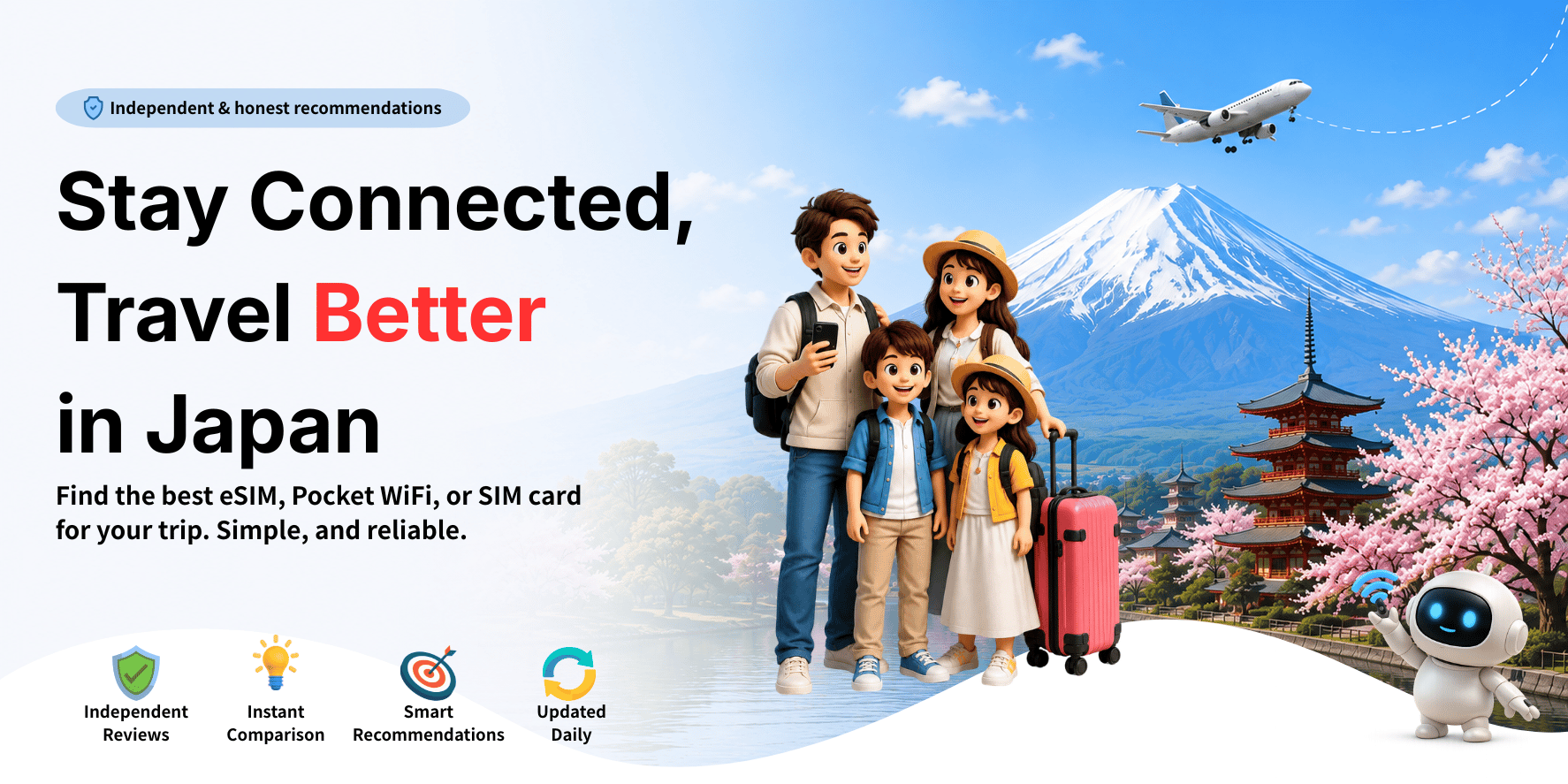 A family traveling in Japan with Mount Fuji, cherry blossoms and a connectivity guide robot